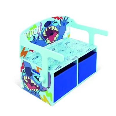 Imagen de ARDITEX 3en1 Banco Juguetero de Madera (60x47x56cm) Convertible en Escritorio (60x70x44cm) con Dos cestos Textiles Almacenamiento Lilo &amp; Stitch