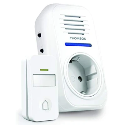Imagen de THOMSON Timbre inalámbrico con alcance de 150 m, sin pilas, IP44 resistente a la intemperie, placa para nombre e indicador LED, 32 tonos timbre, enchufe integrado