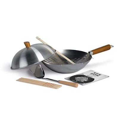 Imagen de Ken Hom KH331103 Wok Set 10 Piezas Acero Carbono Tradicional, 31cm, Classic, Sartén Sin Inducción/Con Mango De Madera/Base Plana, No Apto Para Lavavajillas