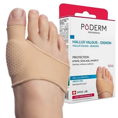 Imagen de PODERM PROTECTOR de HALLUX VALGUS JUANETES Ortesis protección Amortigua, calma y alivia inmediatamente el dolor Gel patentado con ÁRNICA Principios activos 100% naturales Swiss Made