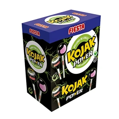 Imagen de FIESTA Kojak Power Caramelo Con Palo Sabor Bebida Energética Relleno de Chicle Guaraná Caja 100 unidades