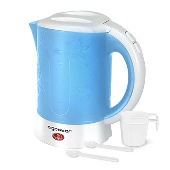 Imagen de Aigostar Travel Hervidor de Agua Eléctrico Compacto 0,6 Litro, Libre BPA, 650W Pequeño, Incluye dos tazas y cucharas regalo, Filtro Antical, Apagado Automático, Azul