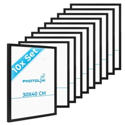 Imagen de PHOTOLINI marcos 30x40 cm negro madera MDF, set de 10 para pósteres, cristal acrílico, colgar, incluye accesorios fotos, láminas y pósteres