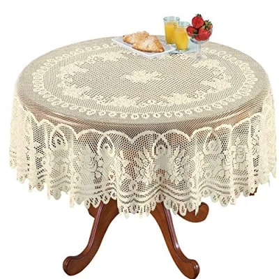 Imagen de NC AMIPOS Mantel Lavable de poliéster Jacquard para Fiesta Boda, Restaurante, Banquete, pícnic (Beige, Redondo, 180 cm)