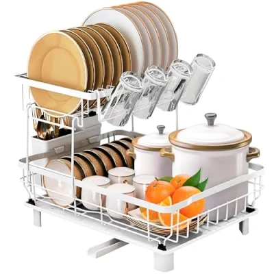 Imagen de JUPPLIES Escurreplatos de 2 Niveles con Soporte para Utensilios Extraíble, Portavasos y Estante Gran Capacidad Escurridor Platos Boquilla Drenaje Automático 33x43x33cm Blanco
