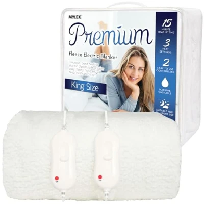 Imagen de MYLEK Manta eléctrica de forro polar para cama tamaño king, funda colchón calefactable, doble control, falda elástica, 190 x 152 40 cm, protección contra sobrecalentamiento, lavable a
