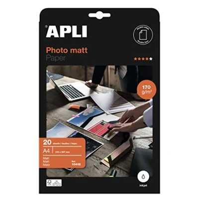 Imagen de APLI 10418 Papel fotográfico Matt A4, pack de 20 hojas, 170 g, con acabado mate, apto impresoras inkjet