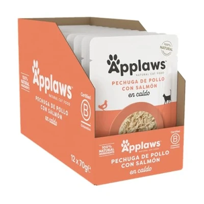 Imagen de Applaws 100% Natural Wet Cat Food, Chicken Breast with Salmon in Broth Pack of 12 x 70g Pouch