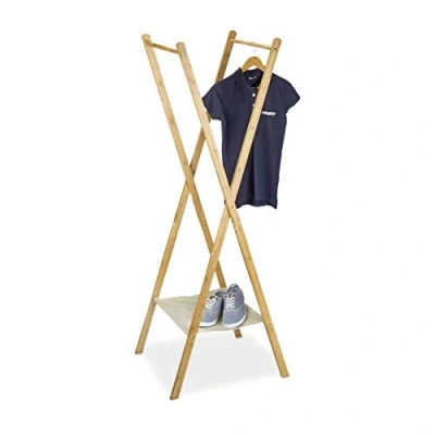 Imagen de relaxdays Perchero Burro con Estante, Toallero, Tendedero Plegable, 2 Barras, Bambú y Tela, 155,5 x 50 57,5 cm, Marrón, Poliéster