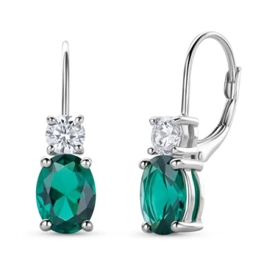 Imagen de Miore Pendientes de Plata Ley 925 para Mujer con Esmeralda Ovalada y Circonitas en Talla Brillante Colgantes Cierre Palanca Incluye Caja Joyería