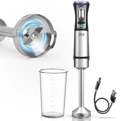 Imagen de LEBENLANG batidora de mano inalámbrica con batería, incluye vaso medidor 800 ml y cable carga USB C, batería inalámbrica, varilla inmersión acero inoxidable, varita mágica,