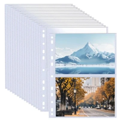 Imagen de Pack de 50 fundas A4 para fotos con 200 compartimentos archivadores 2/3/4 anillas, album postales, recambios top loading álbumes postales (219x152 mm).