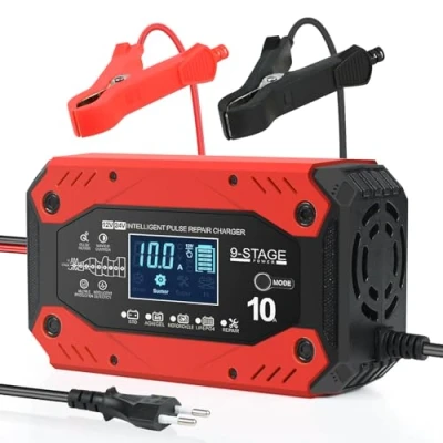 Imagen de Weinsamkeit Cargador de Batería Boche 10A, Coche Completamente Automático Inteligente 12V / 24V con Pantalla LCD, Adecuado para Coche, Camión, Motocicleta, Barco