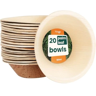 Imagen de HAAGO 20 cuencos de hoja palmera compostables y desechables (180 ml, redondos) Vajilla ecológica para picnic exterior Congelador microondas