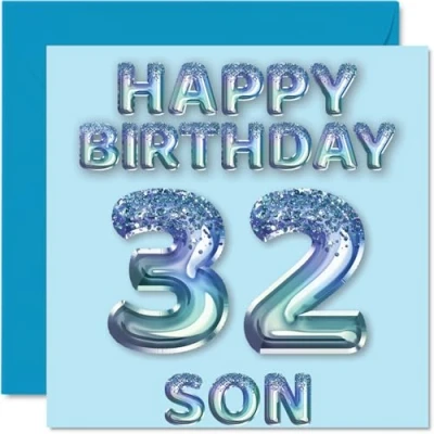 Imagen de Tarjeta de cumpleaños número 32 para hijo, globos fiesta con purpurina azul, tarjetas feliz hijo años mamá, papá, padres, felicitación 145