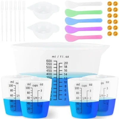 Imagen de tazas medidoras de silicona para resina, antiadherentes mezcla epoxi con números negros, pipetas, taza color molde (kit cuencos 600 ml)