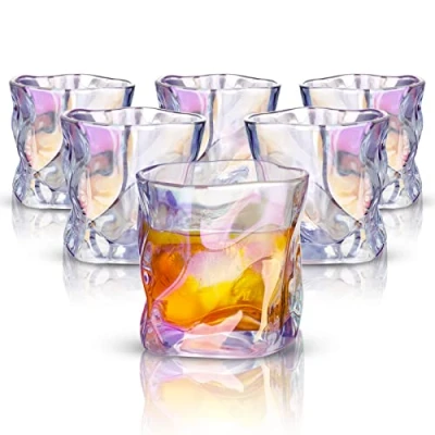 Imagen de NiHome Juego de 6 vasos whisky cristal onzas, iridiscencia, forma irregular, diseño torcido, soplado a mano, sin plomo