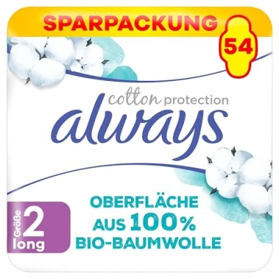 Imagen de Always compresas Ultra para mujer, tamaño 2, Cotton Protection Long, 54 con alas (3 x 18 unidades), paquete mensual, ultrafinas y superabsorbentes