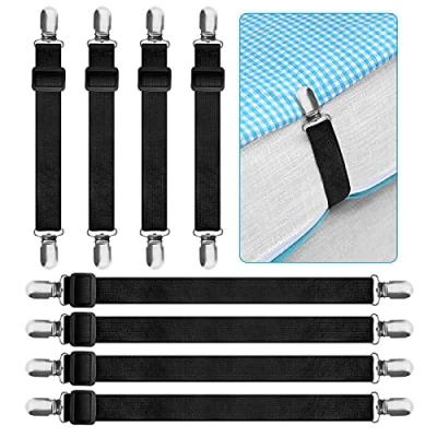 Imagen de KEELYY Sujetadores para Sábanas 8 Piezas Ajustables Elásticos Correas Cama Clips Sábana Bajera Fundas de Colchón Sofá (Negro)