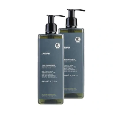 Imagen de Anyah Champú Gel de Ducha 2x480ml Recargable Fórmula Diaria Todo en Uno con Extracto Lamio Blanco para Cabello Jabón Fabricado Italia