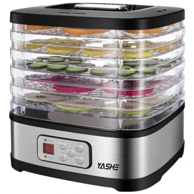 Imagen de YASHE GGJ 261B Deshidratador de Alimentos, Control Temperatura 35 a 70C y Temporizador 72 Horas, 5 Bandejas Altura Ajustable, Frutas Verduras, 240 Vatios, Sin BPA
