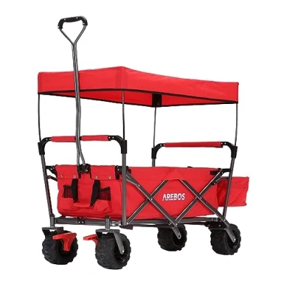 Imagen de AREBOS Carro de Mano con Techo Plegable Carretilla Jardin Playa 2X Bolsillos Malla y 1x Bolsillo Exterior Neumáticos Goma Maciza 100 kg Rojo