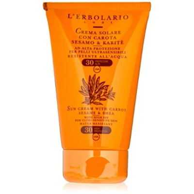 Imagen de L&#039;Erbolario Crema Solar Facial y Corporal para Pieles Ultrasensibles con Zanahoria, Sésamo Karité, Alta Protección, Resistente al Agua, FPS30, Infantiles, Tamaño 125ml