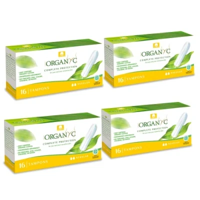 Imagen de Organyc, Tampones de Algodón Certificado 100% Biológico para Sangrado Moderado 4 paquetes x 16 unidades (Total 64 unidades)