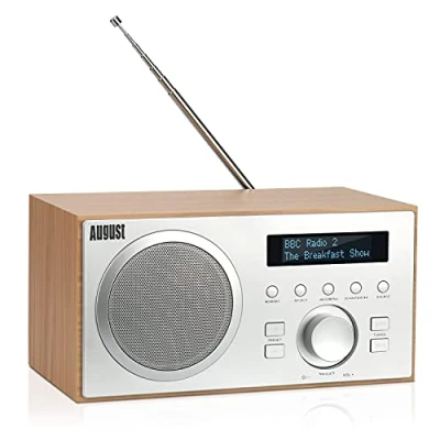 Imagen de Radio Digital FM Dab Plus USB Bluetooth de Madera August MB420 Transistor Altavoz Hi Fi Reproductor MP3 Jack 3,5mm con Subwoofer Reloj Despertador Enchufe Estilo escandinavo