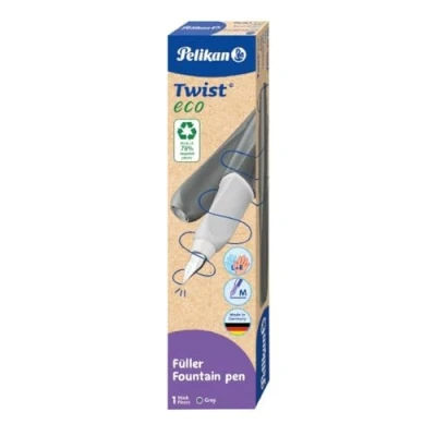 Imagen de Pelikan Twist Eco Gris, Estilográfica Ergonómica para Diestros y Zurdos, Plumín M De Acero Inoxidable, Cartucho Azul Incluido, Recargable, Fabricada con Plástico Reciclado, Embalaje Sostenible