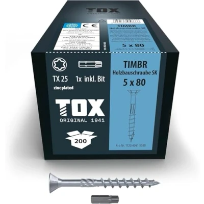 Imagen de TOX tornillos para construcción de madera TIMBR SK 5,0 x 80 mm, azul galvanizado con cabeza avellanada, TX25, 200 unidades en caja, incl. 1x broca, 112040415080