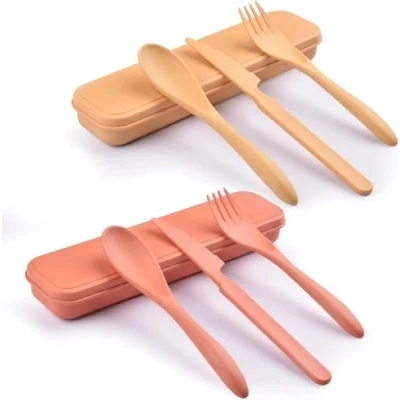 Imagen de juego de 2 cubiertos reutilizables con funda, tenedor viaje, cuchara, plástico portátil para picnic, escuela, oficina, almuerzo (2)
