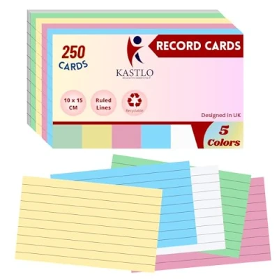 Imagen de KASTLO 250 Tarjetas Flash de Colores con índice Rayado para revisión (10 x 15 cm), Forradas a Dos Caras, Registro y Referencia, Oficina d