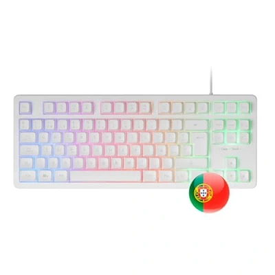 Imagen de Mars Gaming MK023, Teclado TKL, Tecnología Híbrida H Mech, Iluminación FRGB Rainbow, Anti ghosting, Compatibilidad Universal, Blanco, Idioma Portugués