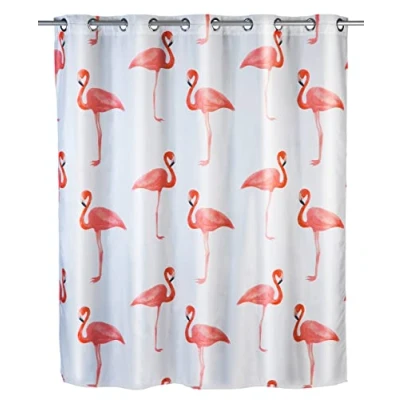 Imagen de WENKO Cortina de ducha Flamingo Flex antimoho, revestimiento antibacterial y repelente al agua, 100% poliéster, lavable a 30C, medidas (ancho x alto): 180 200 cm