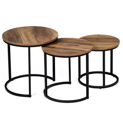 Imagen de IDMarket Juego de 3 mesas bajas nido Hawkins redondas 30/40/45 madera oscura diseño industrial