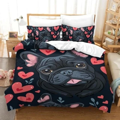 Imagen de Bulldog francés Juego De Ropa Cama con Impresión En 3D 3 Piezas, Funda para Edredón Cremallera, Microfibra Suave Nordica Fundas Almohada Single（140x200cm）