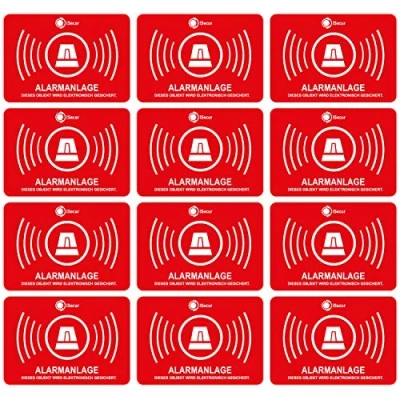Imagen de iSecur 12 pegatinas con seguridad de alarma I 5 x 3,5 cm adhesivo exterior UV + resistente a la intemperie Advertencia sistema rojo hin_047
