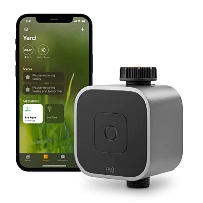 Imagen de Eve Aqua Controlador inteligente de riego para la app Casa Apple y Siri; riega automáticamente con horarios programados, acceso remoto, no requiere pasarela, Bluetooth, Thread, HomeKit