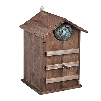 Imagen de Relaxdays Casa de Pájaros para Búhos, Madera Abeto, Agujero Entrada 9,5 x cm, Pared Abatible, Colgante, Marrón, Hierro, 38.5 25 28 cm