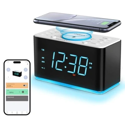Imagen de iTOMA Radio Despertador con Cargador inalámbrico de 15w, App Control, FM Radio, Bluetooth, Dos Puertos Carga, Doble, cronómetro sueño, Snooze, dimmer, luz Nocturna 207A