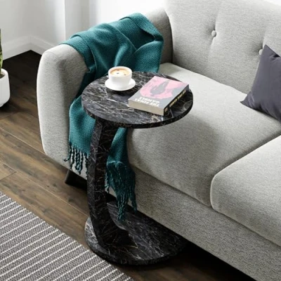 Imagen de [en.casa] Mesa Auxiliar Holeby en Forma de C Centro Redonda Mesita Salón con 4 Ruedas Uso Versátil 56 x Ø 38 cm Efecto Mármol Negro