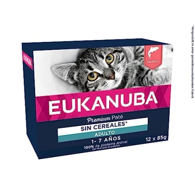 Imagen de EUKANUBA Grain Free Alimento Húmedo para Gatos Adultos, Premium Rico en Salmón Gatos, 12 x 85 g