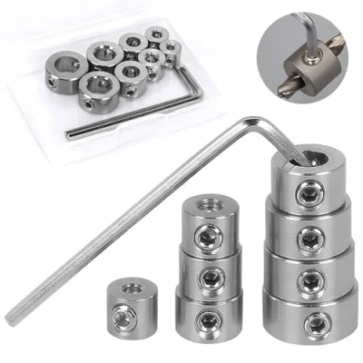 Imagen de DXIA 8 Piezas Tope de Profundidad, Broca Profundidad Cuello Juego con Hex Llave 3 10mm, Dividido Anillo Pare Set para Carpintería, Plateado