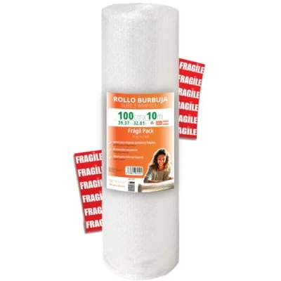 Imagen de OFITURIA papel Burbujas Embalaje 100cm x 10m Pack Frágil con 12 Etiquetas FRÁGIL ideal para embalaje, burbuja, mudanza, bubble wrap