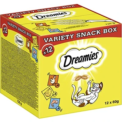 Imagen de Dreamies Bocadillos para gatos con sabor a pollo, queso y salmón, 12 x 60 g (1 caja de aperitivos), crujientes por fuera cremosos dentro en diferentes sabores