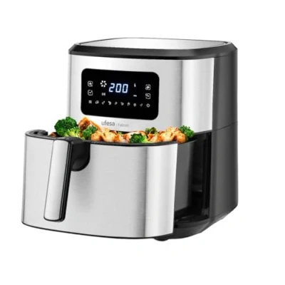 Imagen de Ufesa Falcon Freidora de Aire Sin Aceite 6.5L, Inox, Tecnología Air Pulse, 8 Programas, 1700W, Digital, Temporizador, Temperatura 80ºC 200ºC, BPA ni PFOA, Cubeta y Bandeja Anti Adherentes