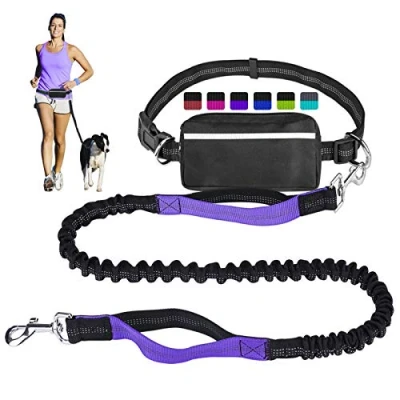 Imagen de Correa de Perro Manos Libres para Correr, Caminar, Entrenamiento, Senderismo, Doble asa Que Absorbe los Golpes, cinturón Ajustable y Bolsa, Ideal Perros medianos a Grandes (Negro/Morado)