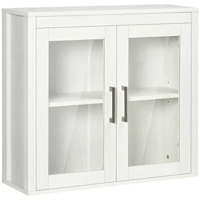 Imagen de kleankin Armario de Baño Pared con 2 Puertas Vidrio y Estante Ajustable Mueble Colgante para Cocina Dormitorio Aseo Estilo Moderno 60x19,5x54 cm Blanco