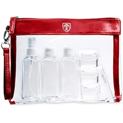Imagen de TRAVANDO Neceser Transparente, 7 envases Impermeables (MAX.100ml) 1l de Capacidad Bolsa cosméticos, Equipaje Mano Transporte líquidos en el avión, Botella Set Viaje Hombre, Mujer